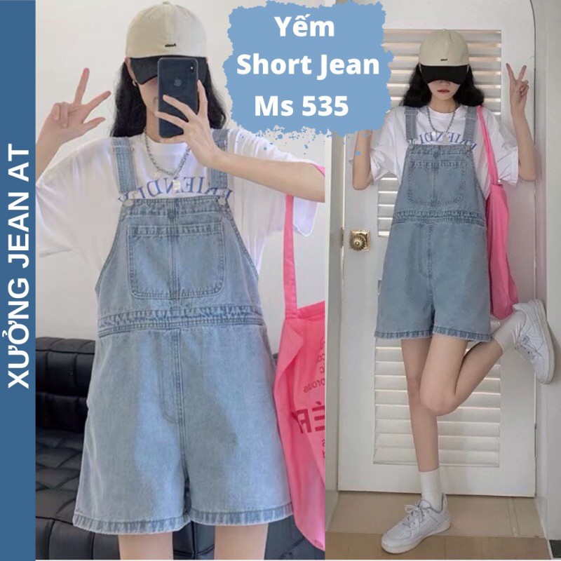 Quần Yếm Short Jeans Nữ Ống Rộng Phối Túi Trước Phong Cách Hàn Quốc Siêu Xinh 535